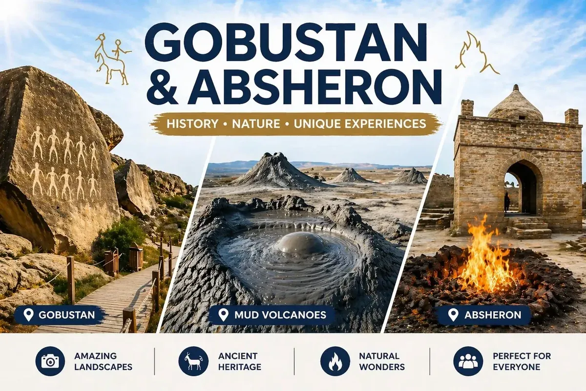 Bakú: Gobustán, volcanes de barro, templo del fuego — entradas incl. + noche